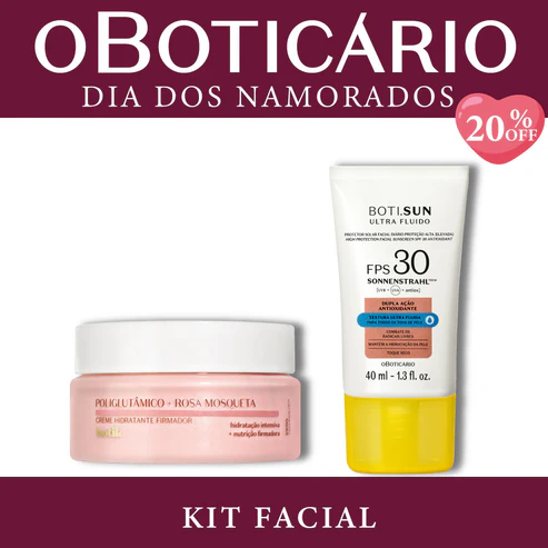 Kit Facial de O Boticário para o Dia dos Namorados contendo um pote de Creme Firmador Botik rosa e um tubo de Protetor Solar Boti.Sun FPS 30 sobre fundo bordô com selo de 20% OFF.