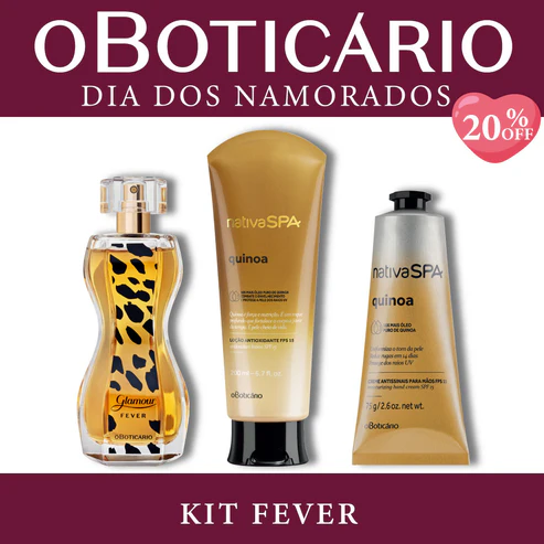 Kit Fever de O Boticário para o Dia dos Namorados contendo um perfume Glamour Fever, uma Loção Corporal Quinoa e um Creme para Mãos Quinoa sobre fundo bordô com selo de 20% OFF.