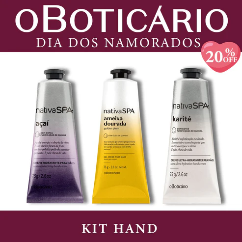 Kit Hand de O Boticário para o Dia dos Namorados contendo três cremes para mãos Nativa SPA (Açaí, Ameixa Dourada e Karité) de 75g sobre fundo bordô com selo de 20% OFF.