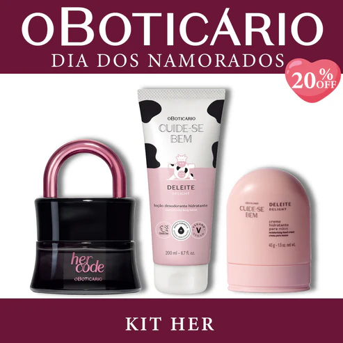 O Poder da Sedução e Conforto: O Kit Her foi selecionado para mulheres que buscam uma perfumação marcante e um ritual de cuidado corporal que une sensualidade e maciez. Conteúdo do Kit: 1 Her Code Eau de Parfum (50ml): Uma fragrância feminina da família olfativa Amadeirado Frutal, com um frasco icônico em formato de cadeado que simboliza o ato de se libertar para o prazer. 1 Loção Desodorante Hidratante Cuide-se Bem Deleite (200ml): Oferece hidratação diária com uma fragrância gourmand inspirada na cremosidade do leite, deixando a pele macia e perfumada. 1 Creme Hidratante para Mãos Cuide-se Bem Deleite (50g): Ideal para levar na bolsa, garante mãos hidratadas e sedosas com rápida absorção e o cheirinho viciante de Deleite. Destaques e Qualidade: Alta Perfumaria: O Her Code, por ser um Eau de Parfum, possui alta fixação e intensidade. Fórmula Vegana: Itens da linha Cuide-se Bem possuem selo vegano e fórmulas que respeitam a pele. Promoção Especial de Dia dos Namorados: 20% OFF: Desconto promocional aplicado sobre o valor total do kit. Brinde: Receba 1 Copo exclusivo em sua compra (enviado de forma aleatória de acordo com o estoque disponível, sem opção de escolha de cor ou modelo).