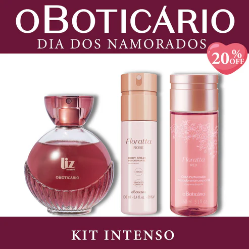 "Foto do Kit Intenso O Boticário para o Dia dos Namorados com perfume Liz Intenso, Body Spray Floratta Rose e Óleo Corporal Floratta Red. Imagem com selo de 20% de desconto."
