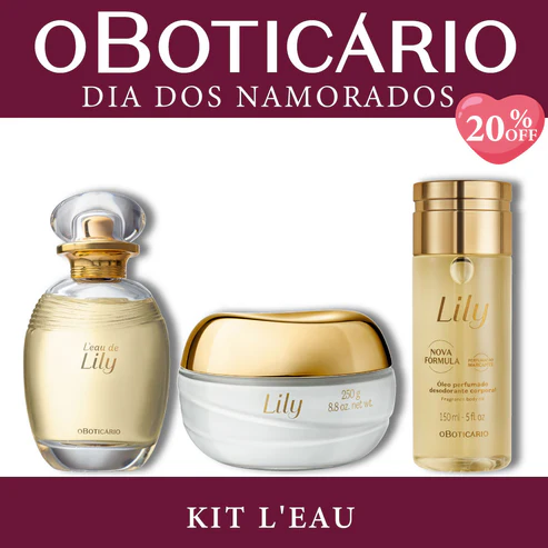 Kit L'eau de Lily O Boticário com desodorante colônia, pote de creme acetinado e frasco de óleo perfumado sobre fundo branco e bordas vinho.