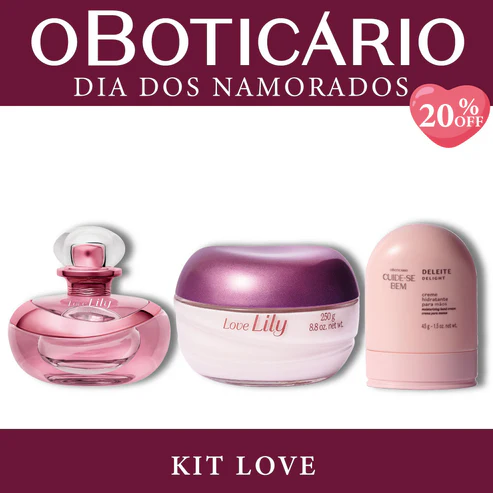 Kit Love O Boticário contendo perfume Love Lily, pote de creme acetinado Love Lily e creme de mãos Cuide-se Bem Deleite sobre fundo branco e bordas vinho.