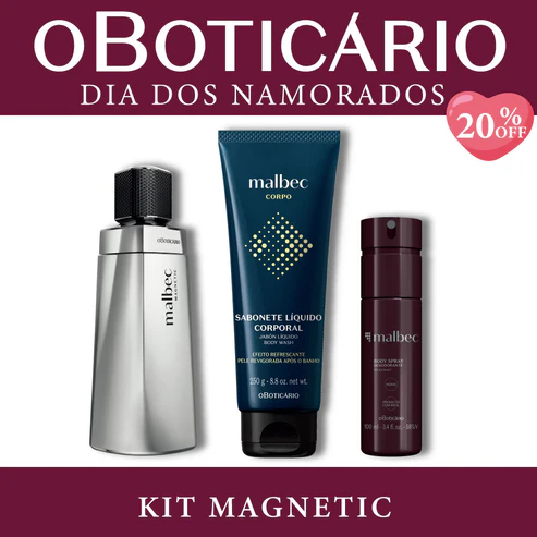 Kit Malbec Magnetic O Boticário com perfume Malbec prata, sabonete líquido corporal azul marinho e body spray vinho sobre fundo branco e bordas vinho.