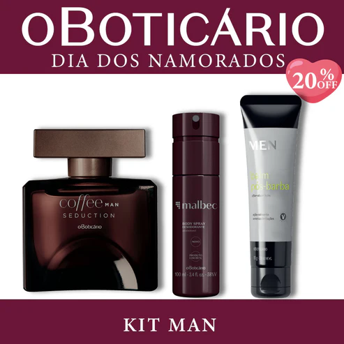 Kit Man O Boticário com perfume Coffee Man Seduction, Body Spray Malbec e Balm Pós-Barba MEN sobre fundo branco e bordas vinho.