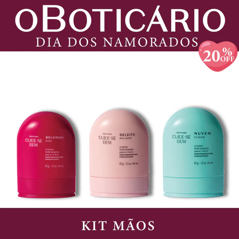 Kit Mãos O Boticário com três cremes hidratantes de mãos Cuide-se Bem nas versões Beijinho, Deleite e Nuvem sobre fundo branco e bordas vinho.