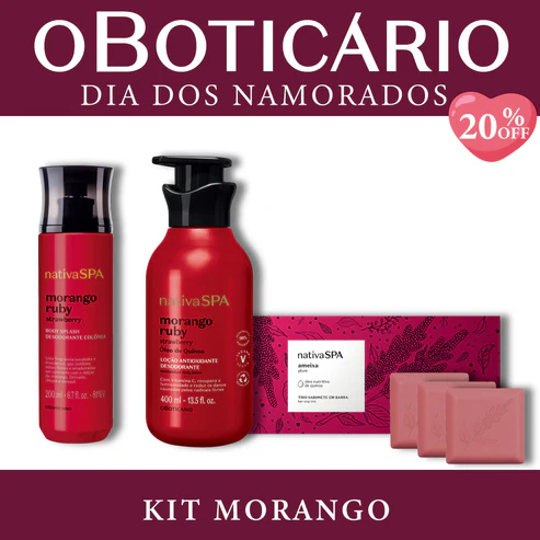Kit Morango Nativa SPA O Boticário com Body Splash e loção corporal Morango Ruby ao lado de sabonetes em barra Ameixa sobre fundo branco e bordas vinho.