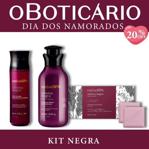 Kit Ameixa Negra Nativa SPA O Boticário com Body Splash, loção corporal de 400ml e caixa de sabonetes sobre fundo branco e bordas vinho.