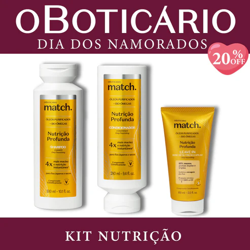 Kit Nutrição Match O Boticário com frasco de shampoo, condicionador e tubo de leave-in amarelos sobre fundo branco e bordas vinho.