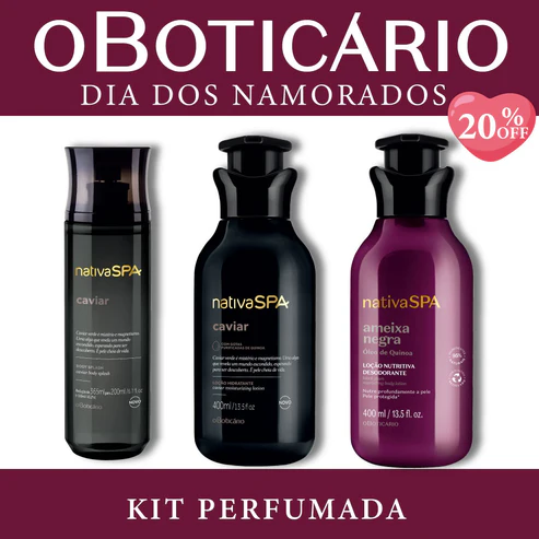 Kit Perfumada Nativa SPA O Boticário com Body Splash e loção hidratante Caviar ao lado da loção corporal Ameixa Negra sobre fundo branco e bordas vinho.
