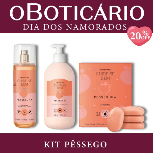 Kit Pêssego Cuide-se Bem Pessegura O Boticário com Body Splash, loção hidratante de 400ml e caixa com sabonetes em barra sobre fundo branco e bordas vinho.