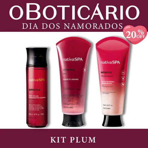 Kit Plum Nativa SPA Ameixa O Boticário com Body Splash, bisnaga de sabonete líquido e bisnaga de loção corporal sobre fundo branco e bordas vinho.