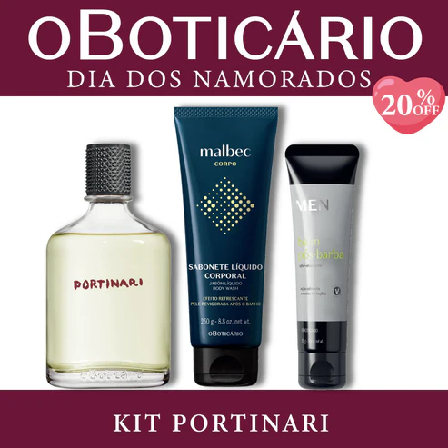 Kit Portinari O Boticário com desodorante colônia Portinari, sabonete líquido corporal azul marinho Malbec e Balm Pós-Barba MEN sobre fundo branco e bordas vinho.