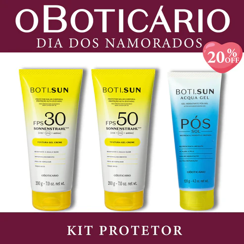 Kit Protetor Boti.SUN O Boticário com duas bisnagas de protetor solar corporal amarelas e uma bisnaga de gel pós-sol azul sobre fundo branco e bordas vinho.