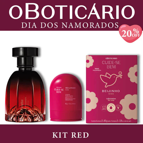 Kit Red O Boticário com colônia Floratta Red Passion, creme hidratante de mãos e caixa de sabonetes Cuide-se Bem Beijinho sobre fundo branco e bordas vinho.