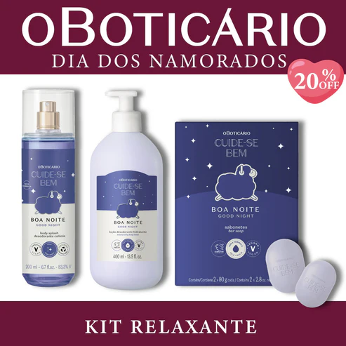 Kit Relaxante Cuide-se Bem Boa Noite de O Boticário contendo Body Splash de 200ml, Loção Hidratante de 400ml e caixa de sabonetes em barra sobre fundo bordô com selo de 20% OFF.