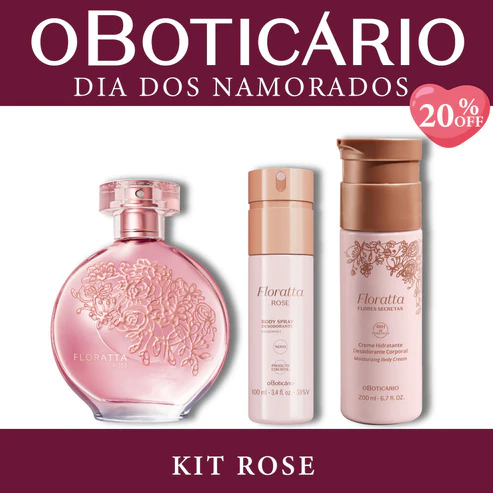 Kit Rose O Boticário com desodorante colônia Floratta Rose, Body Spray combinando e creme corporal Flores Secretas sobre fundo branco e bordas vinho.