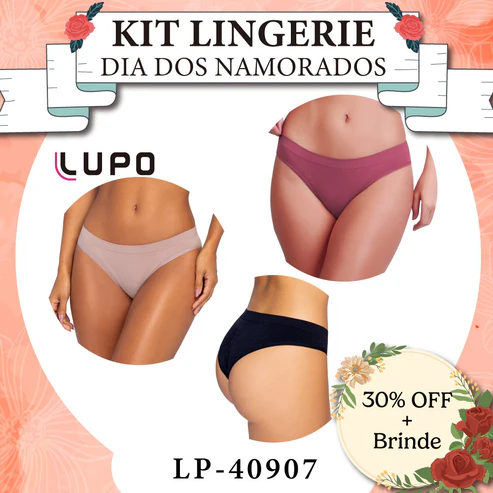 Banner promocional de Dia dos Namorados apresentando o Kit Lingerie Lupo com três calcinhas nas cores nude, rosa-antigo e preta sobre fundo floral delicado em tom rosa claro, com selo indicando 30% OFF mais brinde.