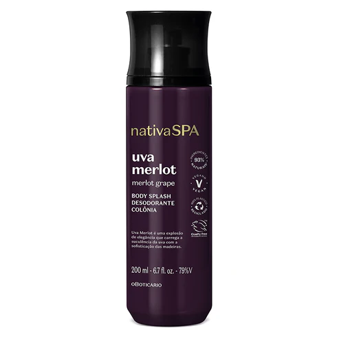 Frasco roxo escuro cilíndrico do body splash desodorante colônia Nativa SPA Uva Merlot de 200ml com tampa preta translúcida.