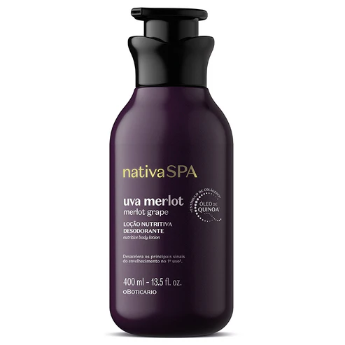 Frasco roxo escuro com válvula pump da loção nutritiva desodorante corporal Nativa SPA Uva Merlot de 400ml.
