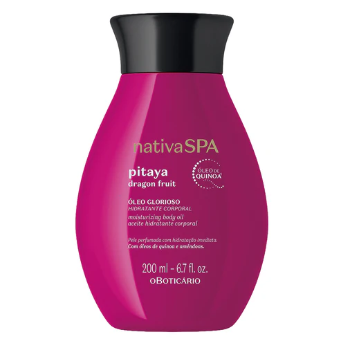 Frasco oval e curvilíneo rosa-pink vibrante com tampa preta do óleo glorioso hidratante corporal Nativa SPA Pitaya de 200ml.
