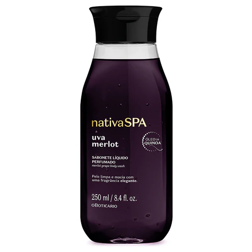 Frasco translúcido com sabonete líquido roxo escuro Nativa SPA Uva Merlot de 250ml e tampa preta sobre fundo branco.