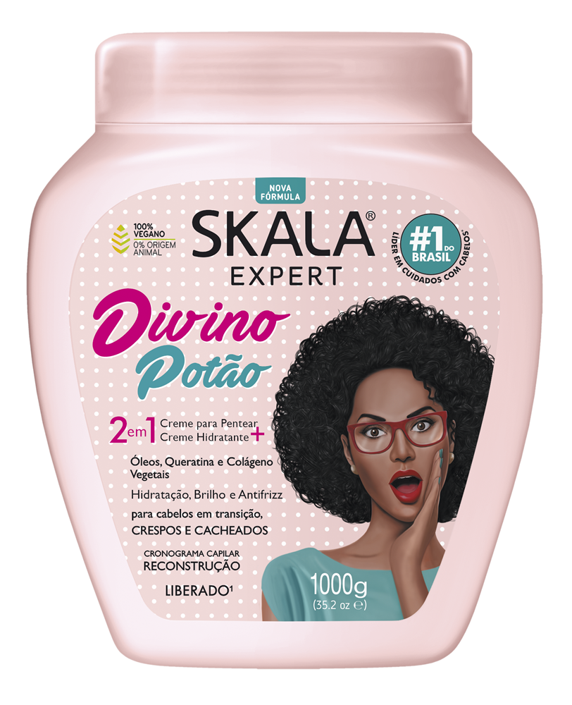 Pote de creme Skala Expert Divino Potão de 1000g para cabelos cacheados e crespos em transição.