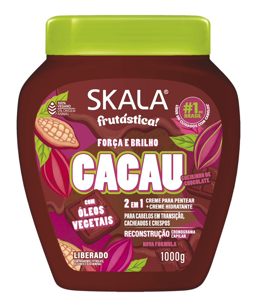 Pote marrom de creme capilar Skala Frutástica Cacau de 1000g com tampa verde-limão e ilustrações de chocolates e frutos de cacau.