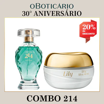 Combo promocional do 30° Aniversário de O Boticário contendo um Botica 214 Fiji Paradise Eau de Parfum e um Creme Acetinado Hidratante Lily de 250g. A imagem exibe uma etiqueta vermelha no topo direito destacando 20% de desconto.