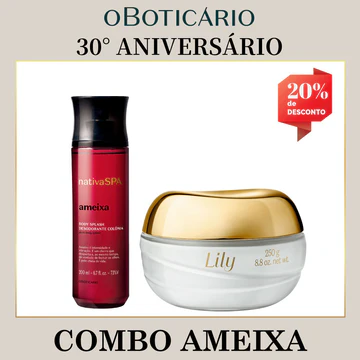 Combo promocional do 30° Aniversário de O Boticário contendo um Body Splash Nativa SPA Ameixa de 200ml e um Creme Acetinado Hidratante Lily de 250g. A imagem exibe uma etiqueta vermelha no topo direito destacando 20% de desconto.