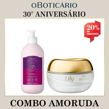 Combo promocional do 30° Aniversário de O Boticário contendo uma Loção Hidratante Corporal Cuide-se Bem Amoruda de 400ml com pump e um Creme Acetinado Hidratante Lily de 250g. A imagem exibe uma etiqueta vermelha no topo direito destacando 20% de desconto.