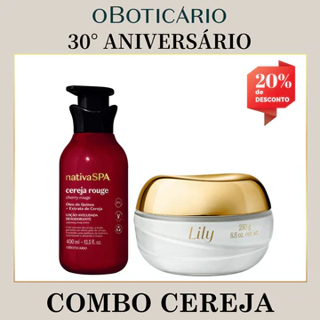 Combo promocional do 30° Aniversário de O Boticário contendo uma Loção Aveludada Desodorante Nativa SPA Cereja Rouge de 400ml com pump e um Creme Acetinado Hidratante Lily de 250g. A imagem exibe uma etiqueta vermelha no topo direito destacando 20% de desconto.
