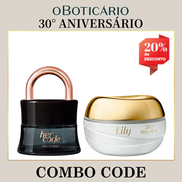 Combo promocional do 30° Aniversário de O Boticário contendo um Her Code Eau de Parfum e um Creme Acetinado Hidratante Lily de 250g. A imagem exibe uma etiqueta vermelha no topo direito destacando 20% de desconto.