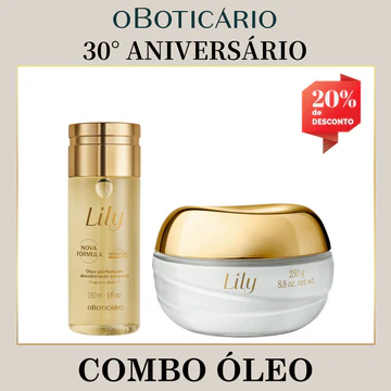 Combo promocional do 30° Aniversário de O Boticário contendo um Óleo Perfumado Desodorante Corporal Lily de 150ml e um Creme Acetinado Hidratante Lily de 250g. A imagem exibe uma etiqueta vermelha no topo direito destacando 20% de desconto.
