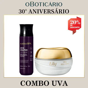 Combo promocional do 30° Aniversário de O Boticário contendo um Body Splash Nativa SPA Uva Merlot de 200ml e um Creme Acetinado Hidratante Lily de 250g. A imagem exibe uma etiqueta vermelha no topo direito destacando 20% de desconto.