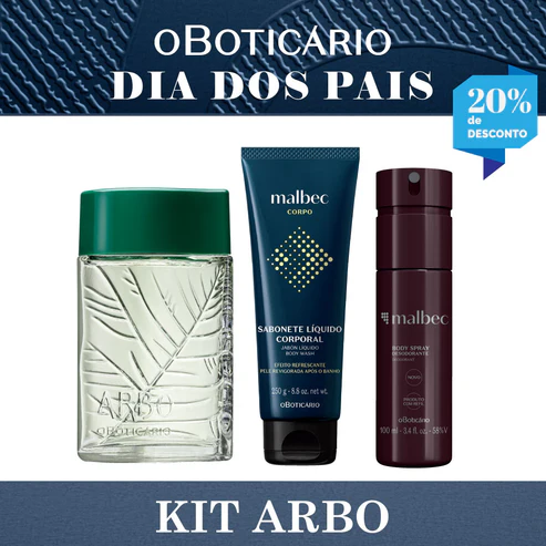 Kit de presente O Boticário para o Dia dos Pais em fundo azul escuro. Contém três produtos: perfume Arbo em vidro transparente, sabonete líquido Malbec em bisnaga azul e body spray Malbec em frasco marrom. Há um selo indicando 20% de desconto e texto promocional destacando ganho de brinde.