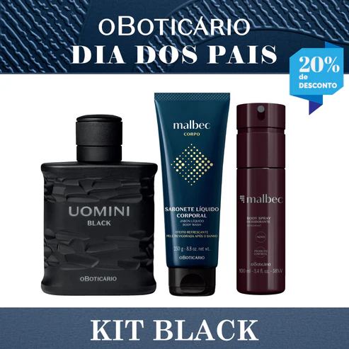 Kit Presente O Boticário Dia dos Pais Black composto por um perfume Uomini Black, um sabonete líquido corporal Malbec e um body spray desodorante Malbec.