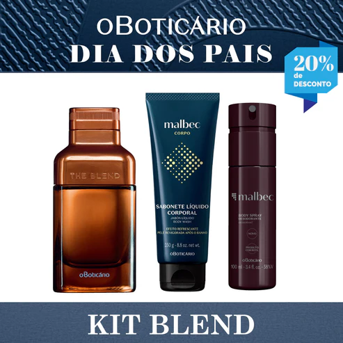 Kit de presente Dia dos Pais O Boticário contendo um Eau de Parfum The Blend, um sabonete líquido corporal Malbec e um body spray desodorante Malbec.