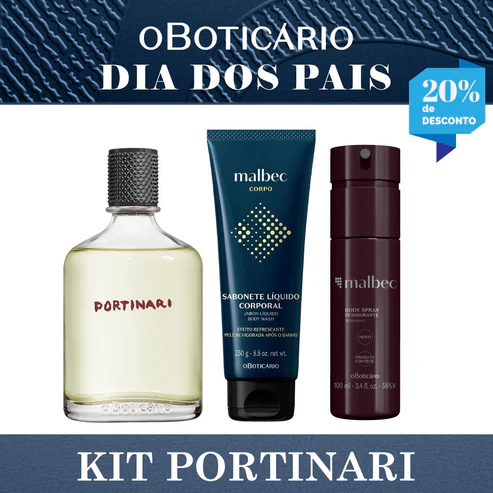 Kit de presente Dia dos Pais O Boticário contendo uma colônia Portinari, um sabonete líquido corporal Malbec e um body spray desodorante Malbec.